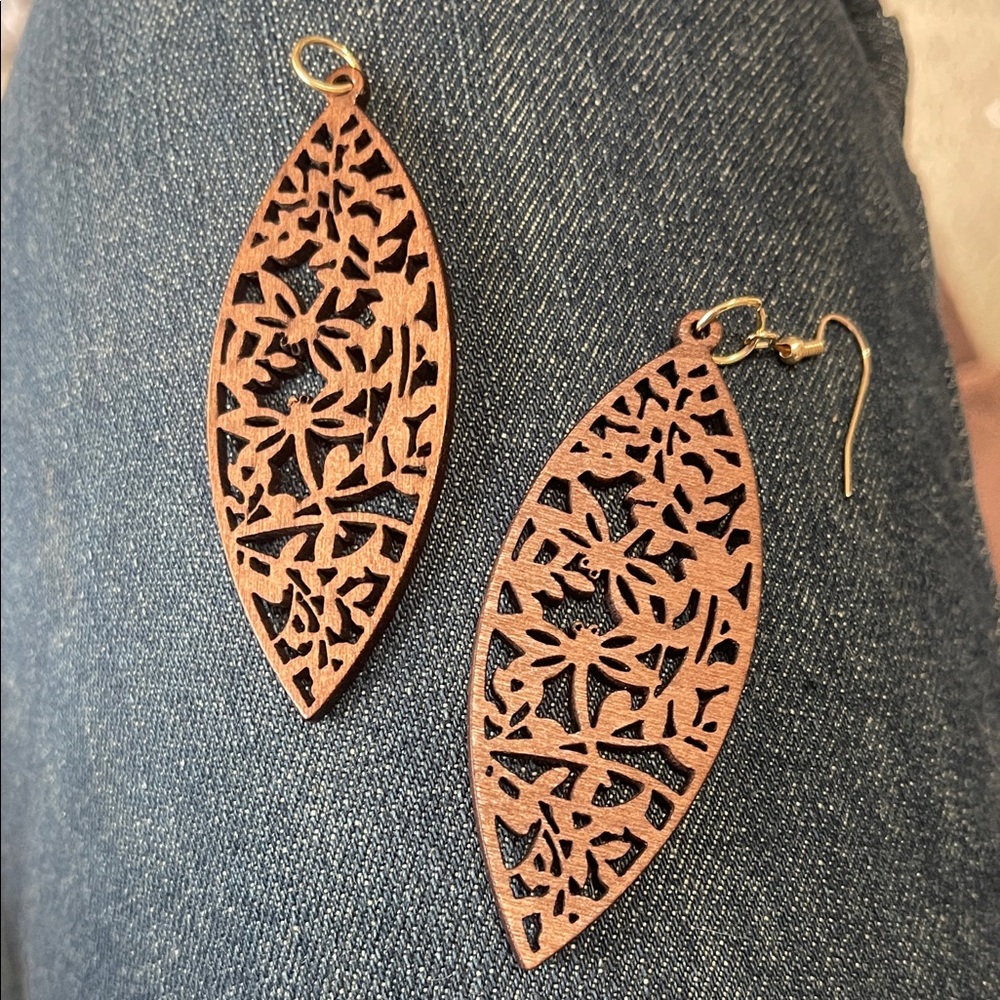 Leather Floral Cutout Dangle Earrings - Brown